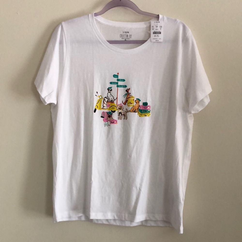 J. Crew Factory White Tee with Colorful Animal Travel Print